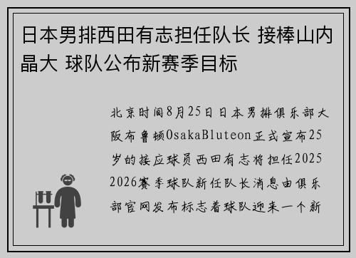 日本男排西田有志担任队长 接棒山内晶大 球队公布新赛季目标 日本男排西田有志担任队长 接棒山内晶大 球队公布新赛季目标